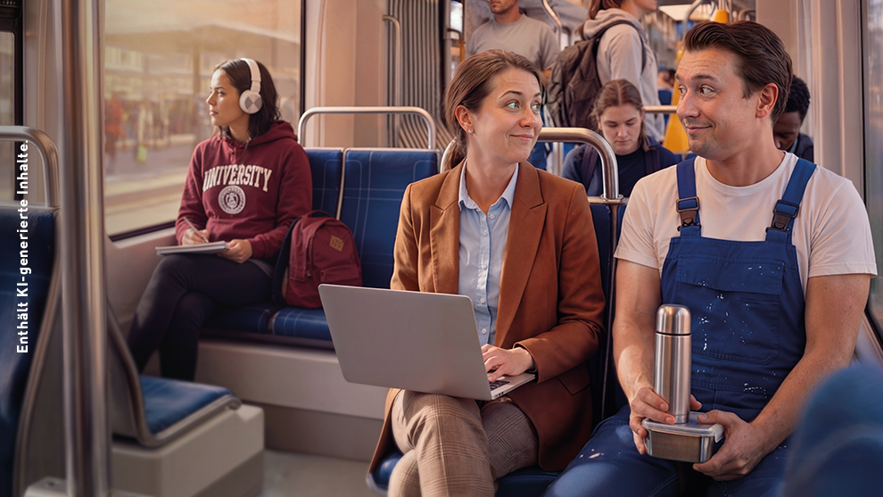 Eine Frau und ein Mann sitzen nebeneinander in der Straßenbahn und lächeln sich an. Dieses Bild enthält KI-generierte Inhalte