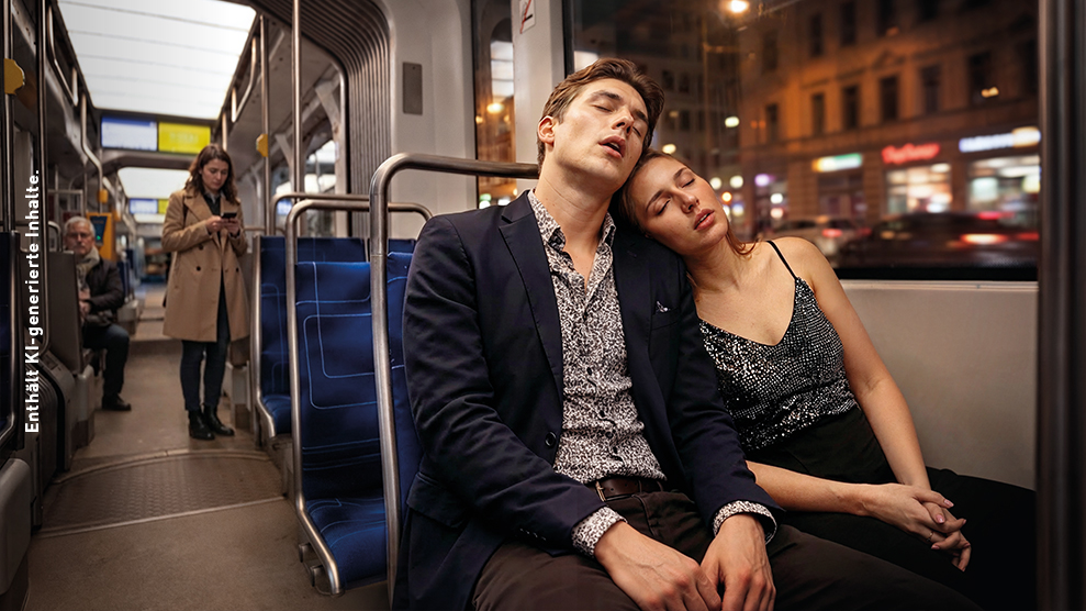 Eine Frau und ein Mann schlafen Schulter an Schulter in der Straßenbahn. Dieses Bild enthält KI-generierte Inhalte.